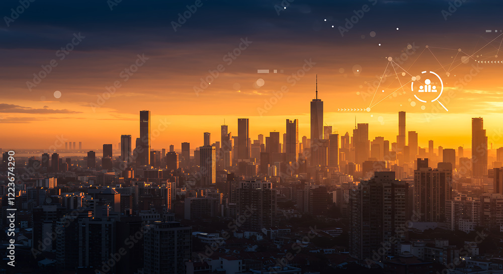 Fototapeta premium Golden Hour Cityscape with HR Tech Overlay: Talent Acquisition in Urban Environments