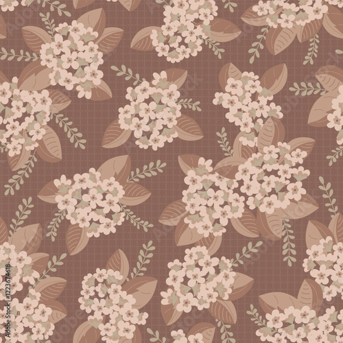 Hydrangeas in Mocha Mousse Cream Colors Scattered on Dark Coffee background creating a seamless pattern print background