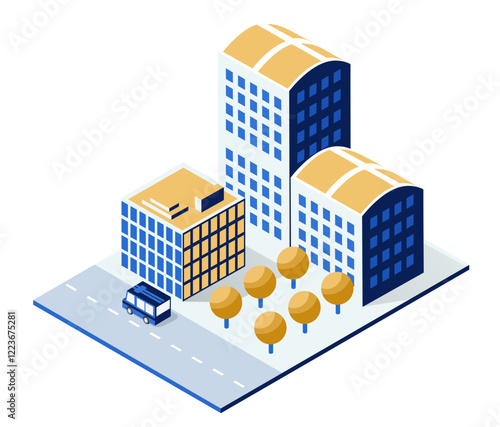 Isometric city with skyscrapers, houses, and delivery truck driving on a street