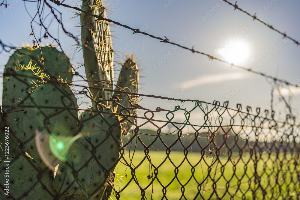 Barbed wire, cactus, and scorching sun in Mexico. Concept of insecurity and illegal border crossing between Mexico and the USA