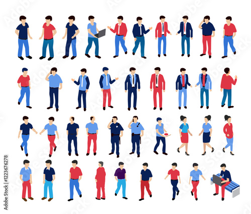 Isometric people set performing various activities