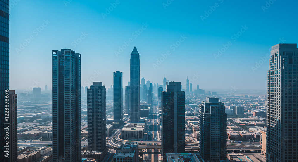 Obraz premium Stunning Aerial View of Dubai's Modern Skyline at Sunrise
