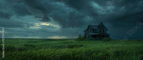 Eerie Abandoned Farmhouse Amidst Field Under Looming Storm Clouds - Mysterious Landscape Imagery photo