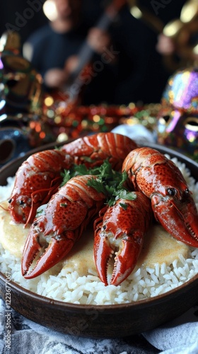 Delicious Cajun Crawfish on Rice with Mardi Gras Theme Including Colorful Masks and Instruments Perfect for Festive Creole and Louisiana Seafood Celebrations photo