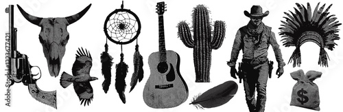 Set of wild west cowboy western vintage halftone grunge vector design elements