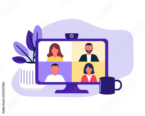 Video Call meeting on a computer screen - vector illustration. Participants in online conference.