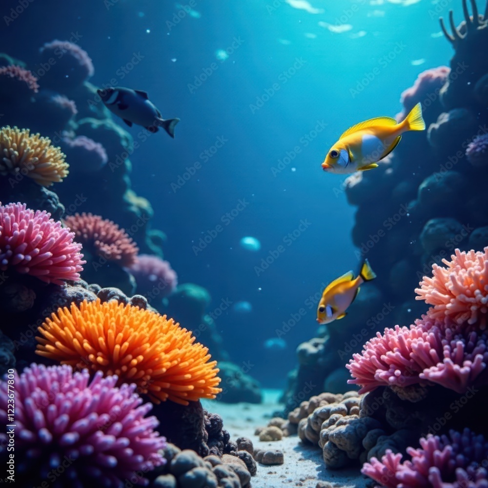Fototapeta premium Fish swimming in front of colorful coral reef, aquarium, underwater, fish