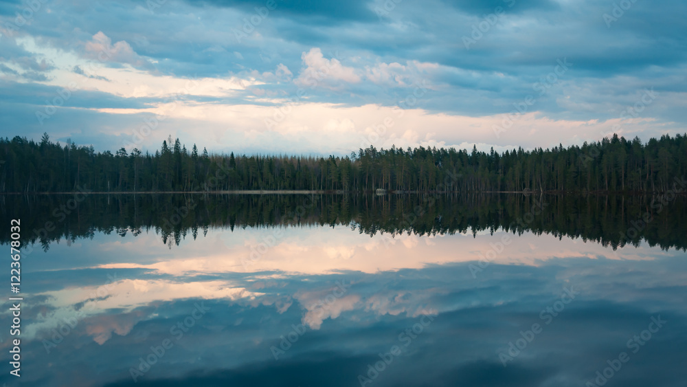 Fototapeta premium Clouds and forests reflected on the surface of a calm lake in Finland
