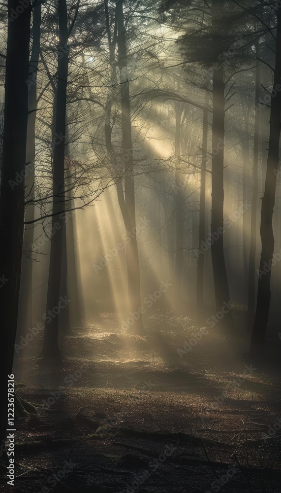 Naklejka premium Foggy Forest Dawn: Sunlight Patterns and Tranquil Nature Scenery for Posters and Prints