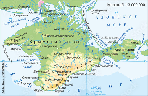 Vector drawing of geographical contour map
of world. Crimean Peninsula. Russia, Ukraine.
Russian language lettering of rivers, mountains, cities.
Black Sea, Azov Sea, Kerch, 
Sevastopol, Simferopol.