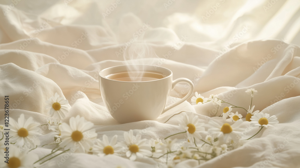 An Arrangement Featuring a Cup of Steaming Chamomile Tea on a Linen Napkin, Surrounded by Scattered Chamomile Blooms and Leaves, with Ample Space for Text on Soft Beige Background, copy space An Arrangement Featuring a Cup of Steaming Chamomile Tea on a Linen Napkin, Surrounded by Scattered Chamomile Blooms and Leaves, with Ample Space for Text on Soft Beige Background, copy space