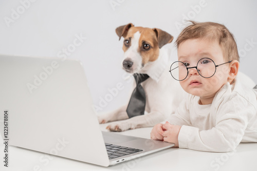 Cute baby boy and Jack Russell terrier dog working on a laptop.  photo