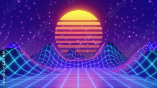 A retro 80sstyle digital landscape with a sunset and stars. photo