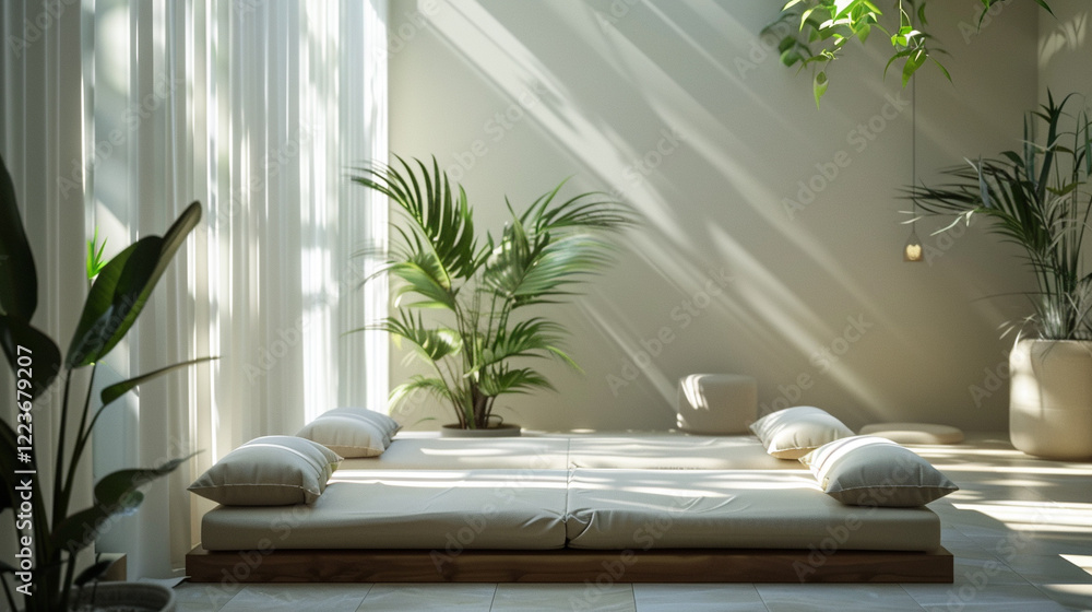 Minimalist Meditation Space with Cushions and Plants Minimalist Meditation Space with Cushions and Plants
