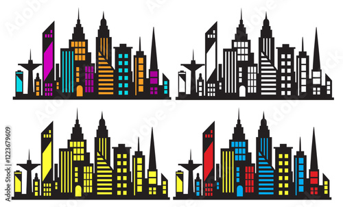 Colorful and monochrome city skylines at night, showcasing urban architecture