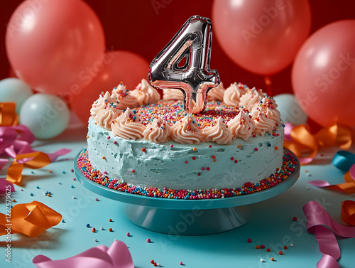 4th Birthday Celebration Concept with Balloons, Cake, and Number 4