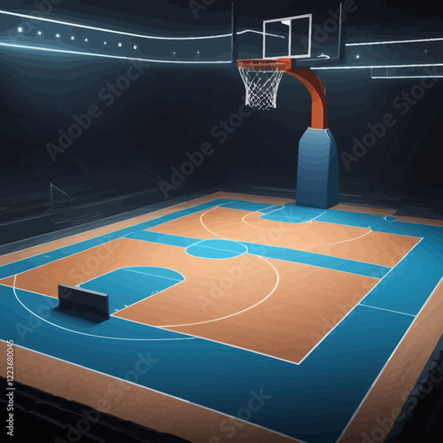  Futuristic basketball court at night with shining spotlights and exciting atmosphere before the sports event. Basketball court vector as sports background for advertising.