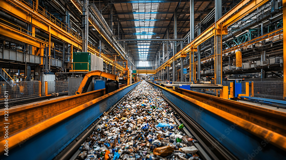 Fototapeta premium Inside a modern waste disposal plant with clean, organized conveyor systems sorting waste efficiently.