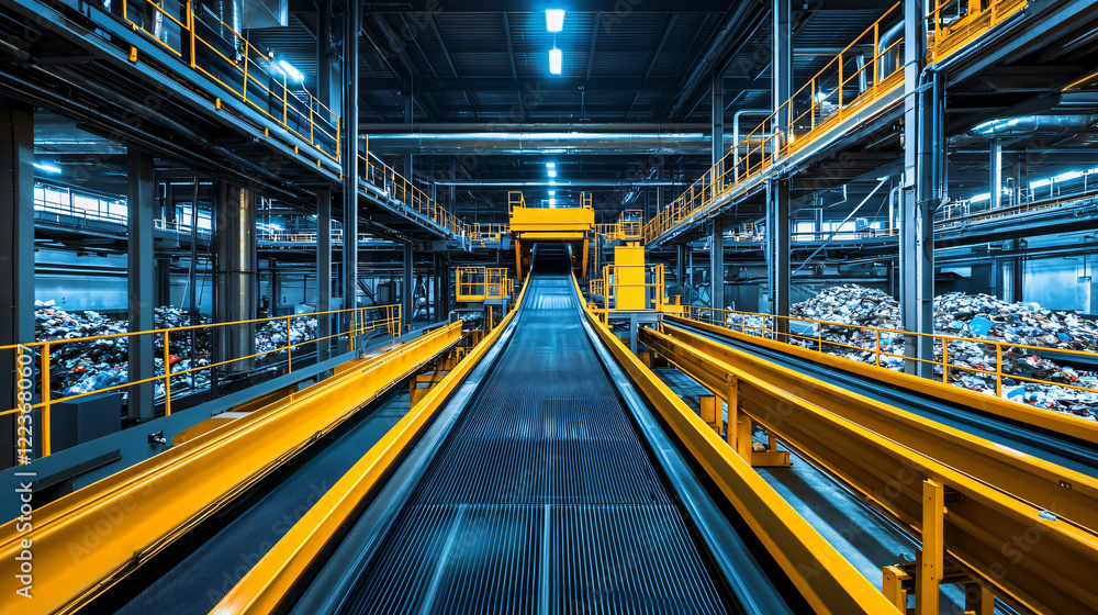Inside a modern waste disposal plant with clean, organized conveyor systems sorting waste efficiently. Inside a modern waste disposal plant with clean, organized conveyor systems sorting waste efficiently.