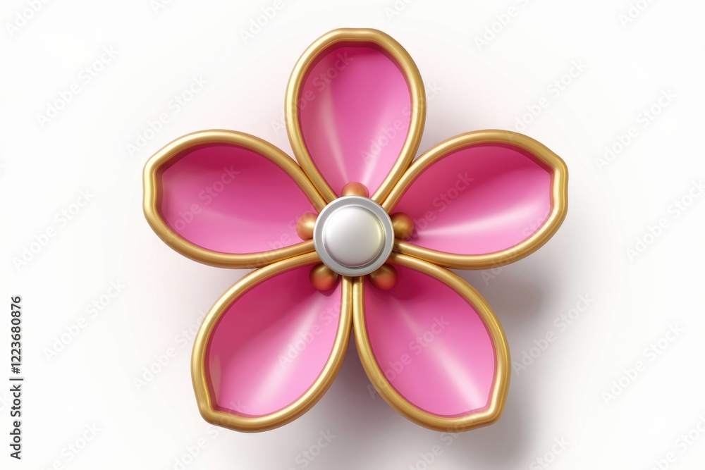 A stylized pink flower with gold edges and a pearl center. A stylized pink flower with gold edges and a pearl center.