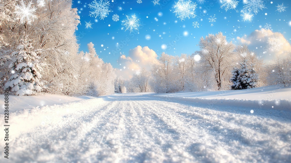Fototapeta premium Snowy road through winter forest, sunny day, postcard