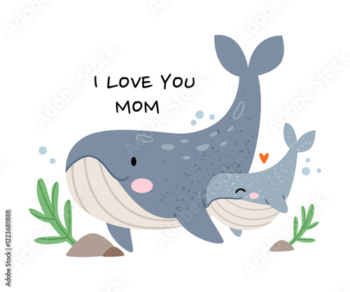 Mother whale and her baby in the underwater world. Mother's Day. I love you, mom.Cute marine print with text.
