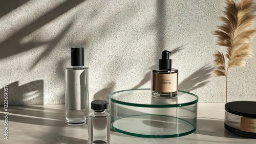 Collection of beauty products are displayed on a table, including a bottle of perfume, a bottle of lotion, and a bottle of shampoo