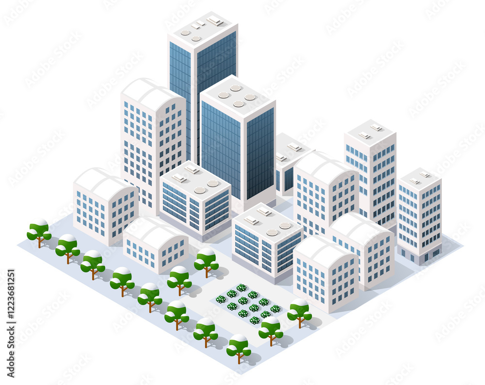 Modern isometric city center with snowy trees and skyscrapers Modern isometric city center with snowy trees and skyscrapers