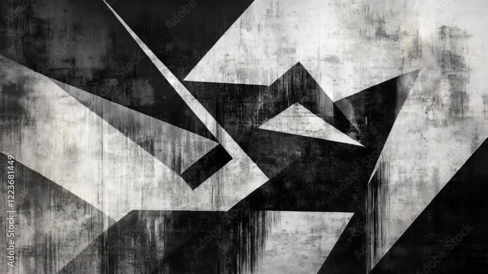 Black and white abstract painting with a lot of shapes and lines. The painting has a very modern and edgy feel to it
