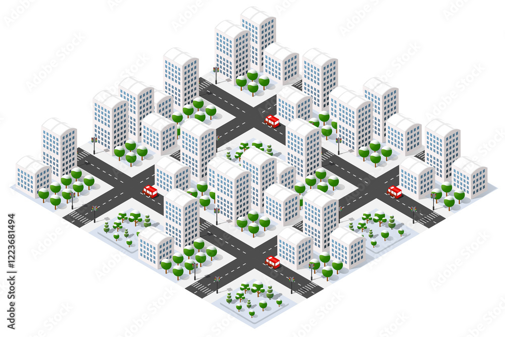 Modern isometric city center with skyscrapers and trees covered by snow Modern isometric city center with skyscrapers and trees covered by snow