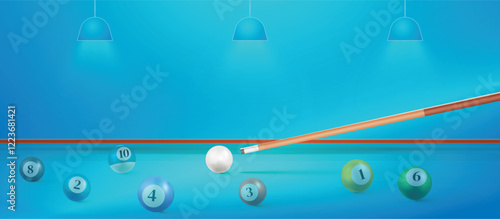 Billiard balls on the blue table with a cue and ball. American billiards, snooker table blue light, Vector illustration