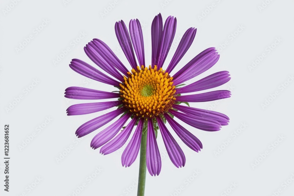 A single purple flower with a yellow center, isolated on a white background. A single purple flower with a yellow center, isolated on a white background.