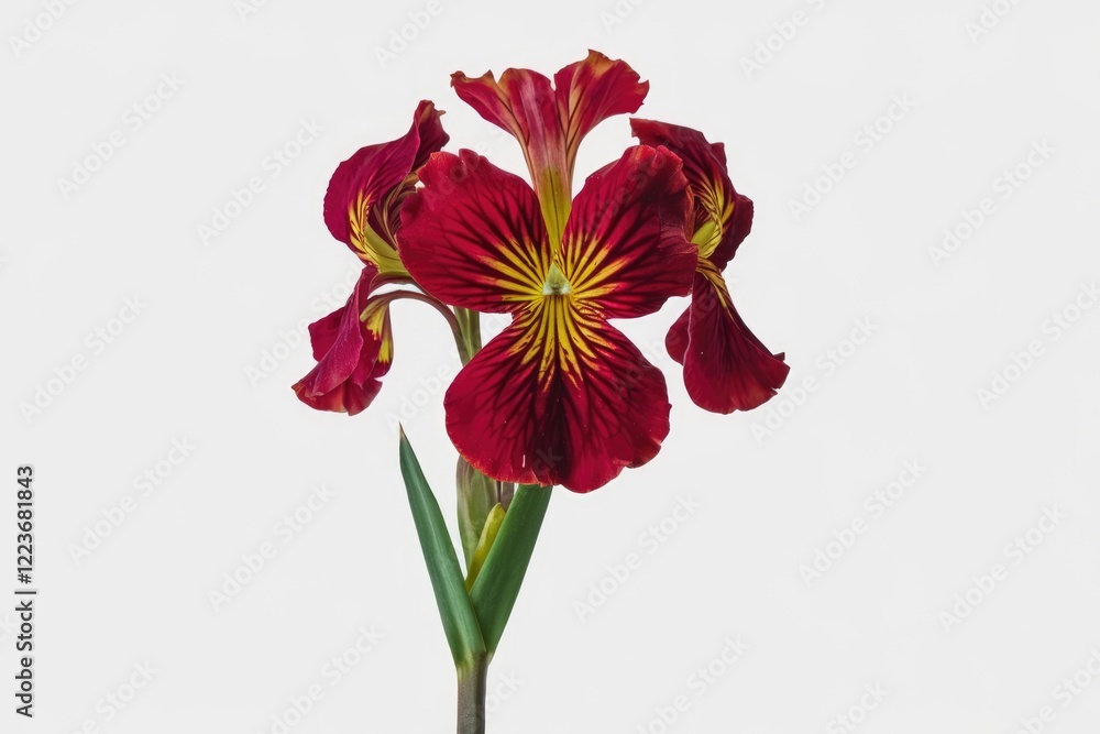 A single red iris flower with yellow markings blooms against a white background. A single red iris flower with yellow markings blooms against a white background.
