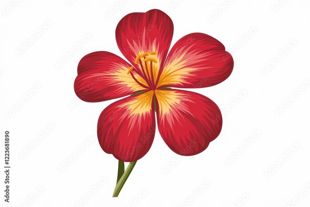 Fototapeta premium A single red flower with yellow center and green stem, isolated on white background.