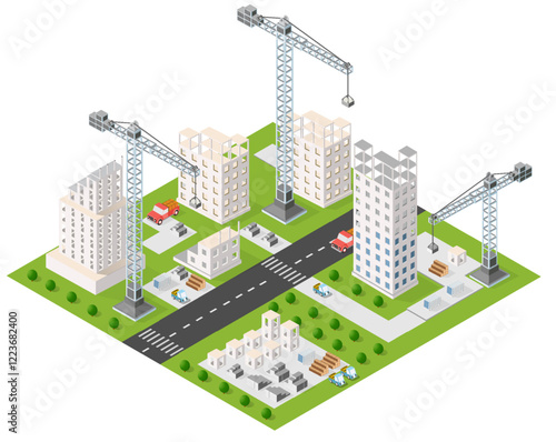 Construction cranes building modern skyscrapers in growing city center isometric view