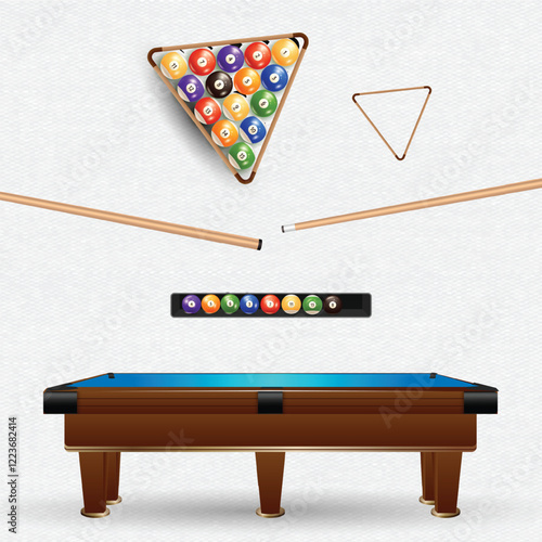 Billiard game, a blue table and a ball, and a cue, white ball, American billiards,  snooker table light, white background, Vector illustration