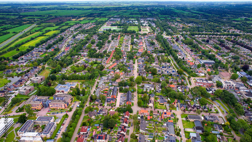 Aerial panorama view of the old  town around the city Burgum on a sunny summer day in the Netherlands. photo