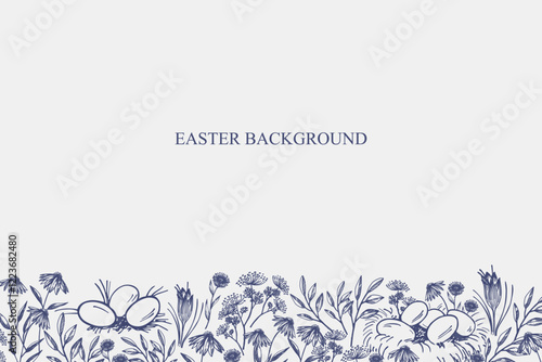 Vector Easter banner with chicken nest, eggs and flowers in engraved vintage style. Hand drawn Paschal festive spring background with bloom field for text. Border with Christian motif 