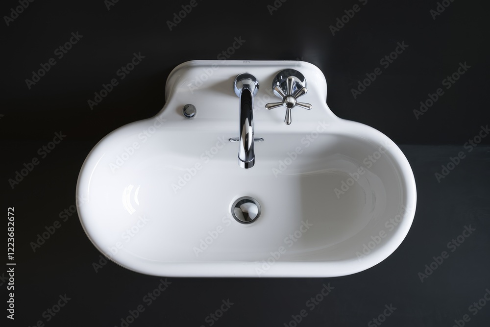 Fototapeta premium A white ceramic sink with a chrome faucet and drain on a black wall.