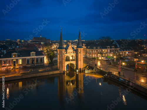 Night aerial of historic Frisian city Sneek with iconic Watergate photo