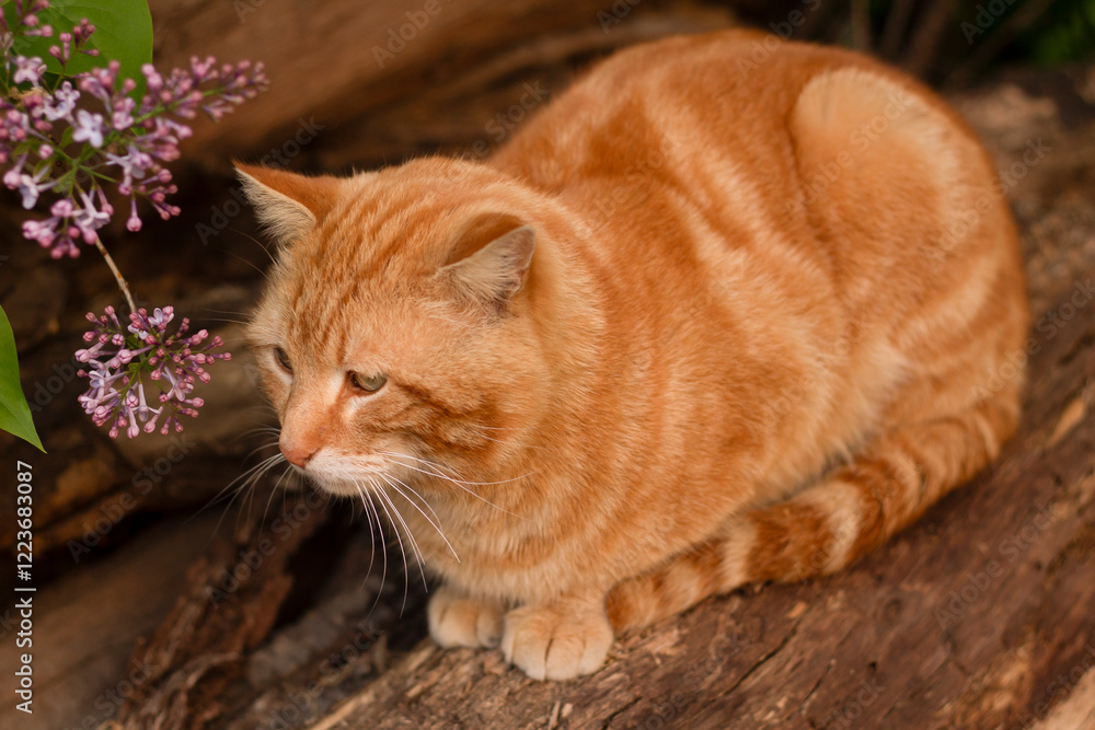 red cat, cat in flowers