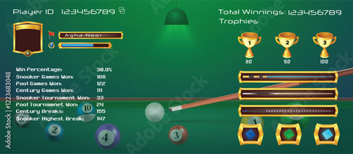 Billiard app game home page. with score cue trophy, level, profile, UI UX game design, American billiards, Vector illustration
