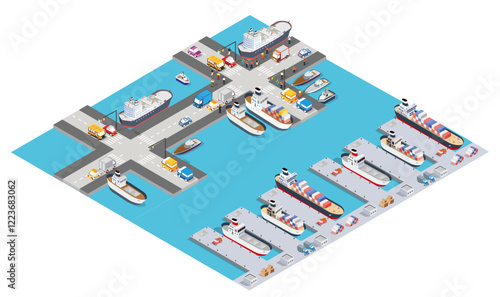 Cargo ships docking and loading at a busy port with cranes and trucks