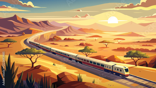 Sunrise aerial view of a long passenger train traversing a vast, dusty savanna landscape.