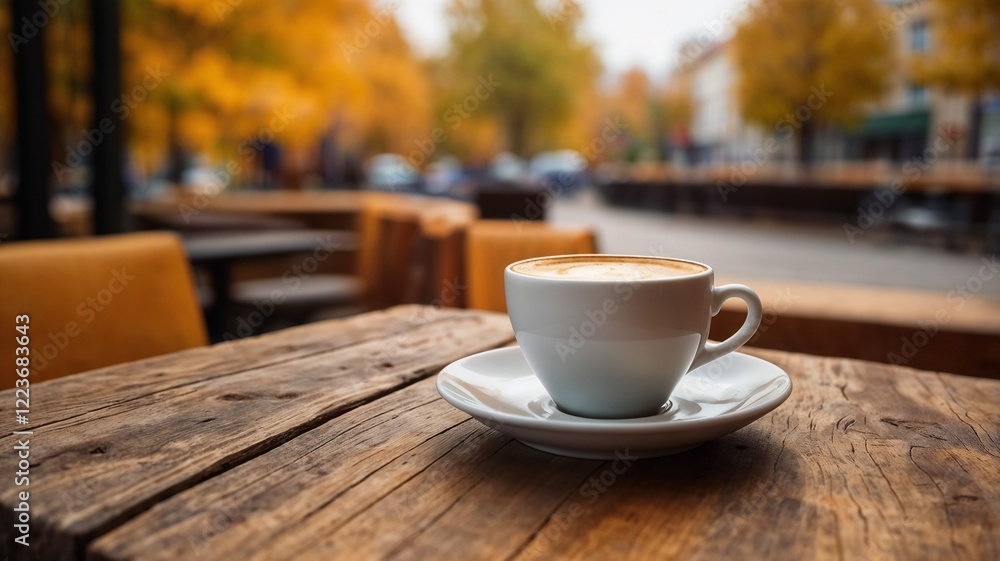 Obraz premium Cup of coffee on a wooden table on a autumn blurred background, Copy space