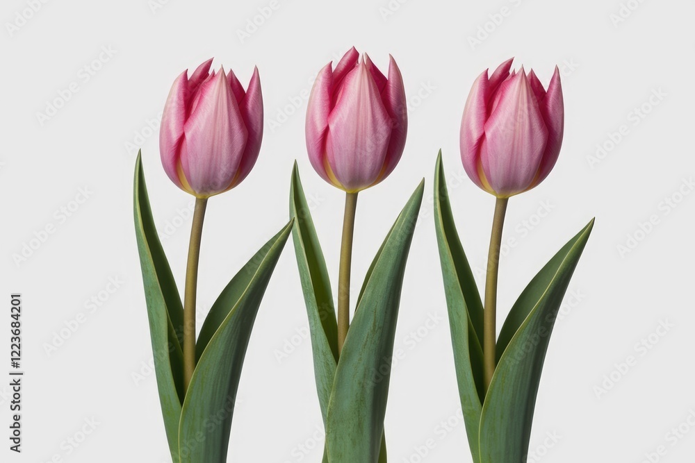 Three pink tulips with green stems against a white background. Three pink tulips with green stems against a white background.
