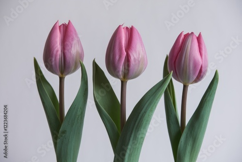 Wallpaper Mural Three pink tulips with green leaves against a white background. Torontodigital.ca