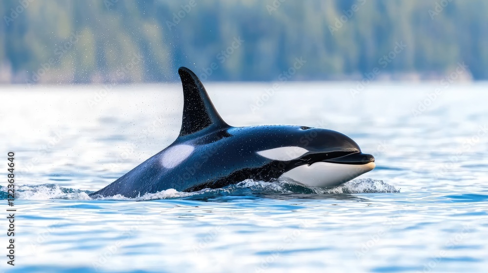 Fototapeta premium Orca surfacing in ocean, coastal forest background; wildlife photography
