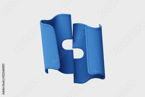 Two blue, curved leather pieces joined together, resembling an S shape. photo