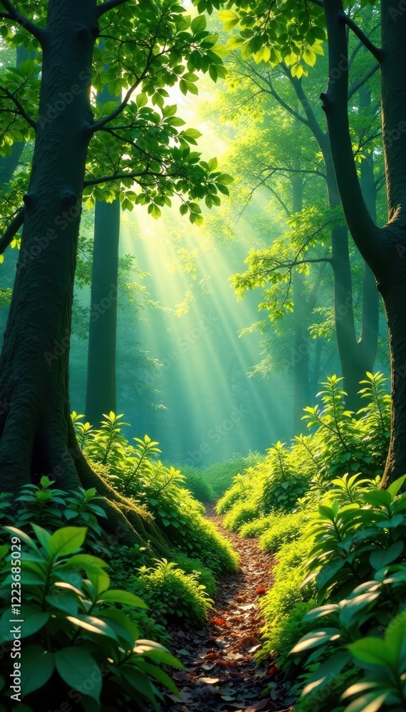 Obraz premium Vibrant green forest scenery with sunlight casting dappled shadows, nature, verdure, shade